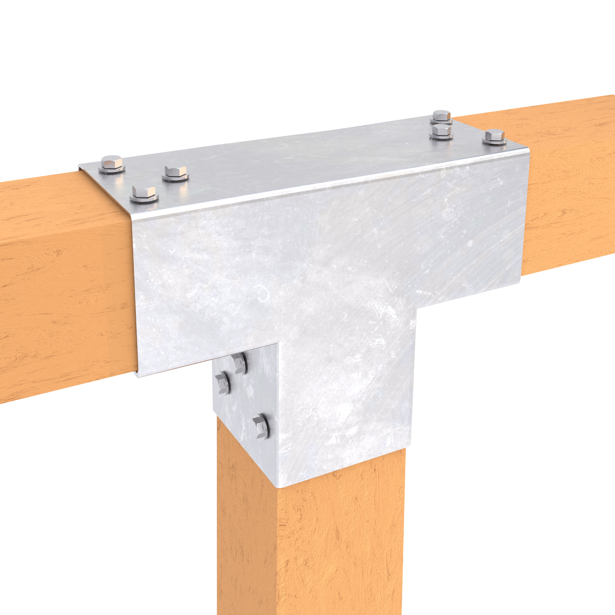 T-shaped metal post connector joining two horizontal wooden beams and one vertical post.