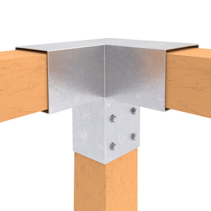 Y shaped metal post connector joining three wooden beams at a right angle.