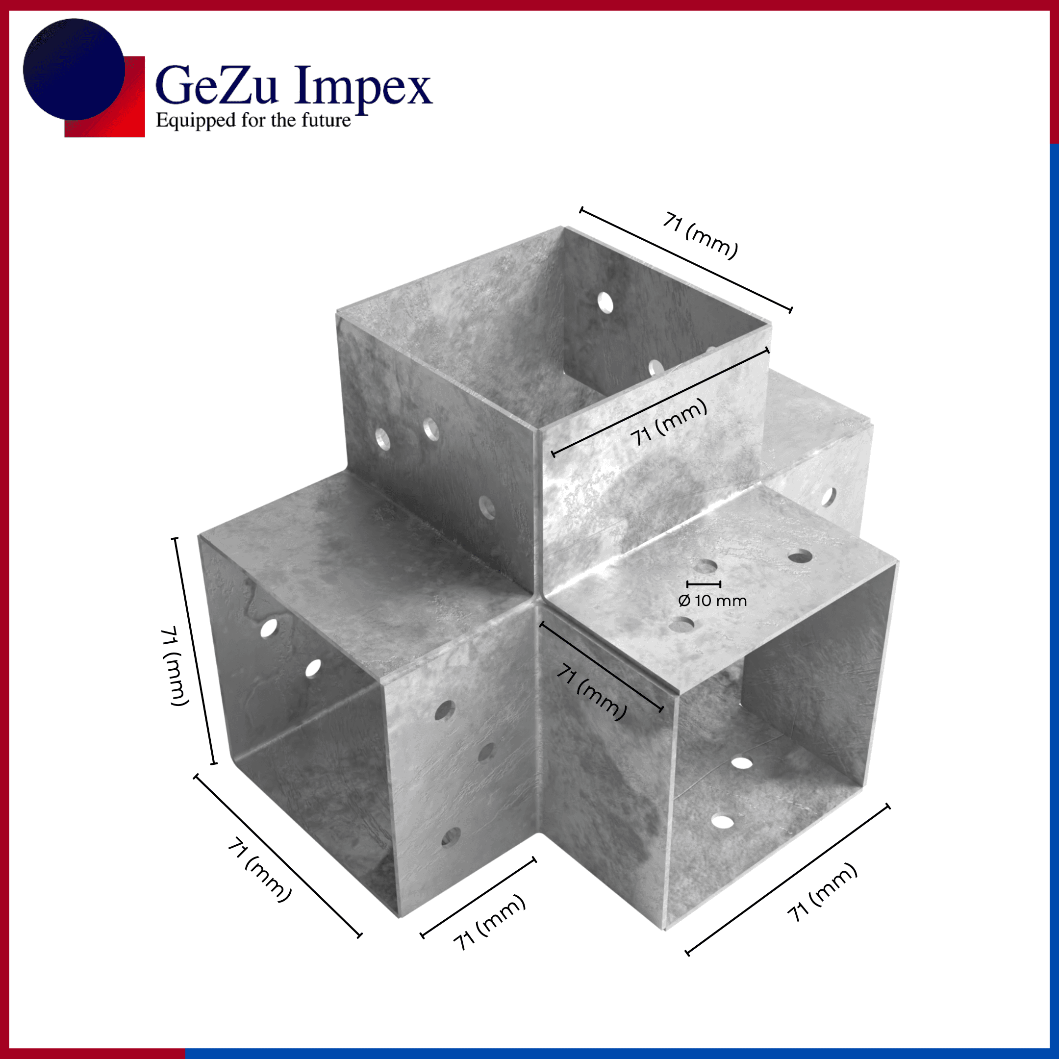 4 way post connector X shaped showing labeled dimensions, bracket size, length and thickness.