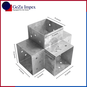 4 way post connector X shaped showing labeled dimensions, bracket size, length and thickness.