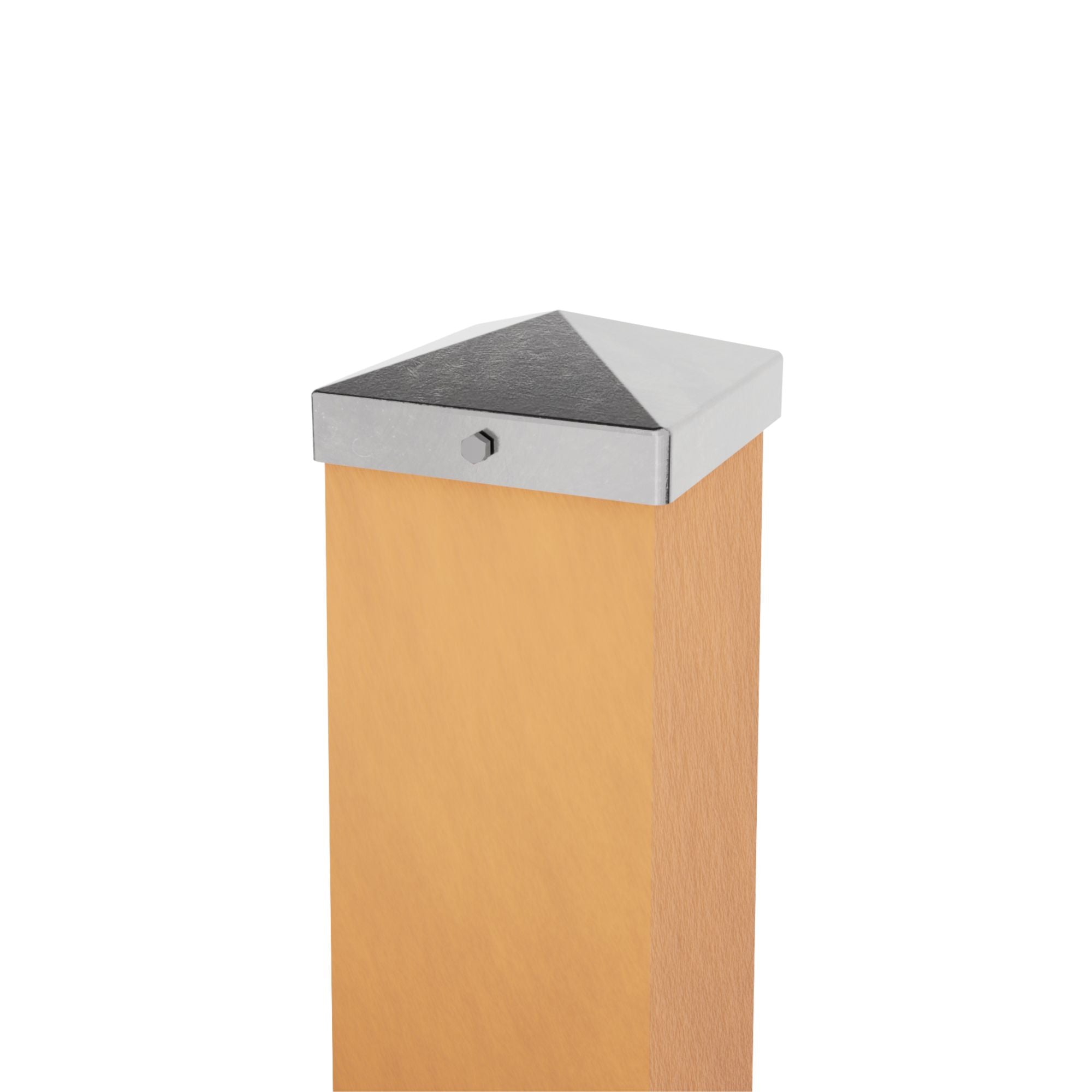 Metal fence post cap pyramid shape attached to the top of wooden post.
