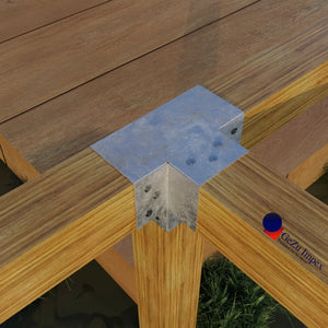 X shaped metal post connector joining four wooden beams at a right angle.