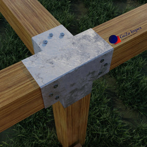 X shaped metal post connector joining four wooden beams at a right angle.