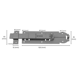 flat sliding bolt with labeled size specifications.