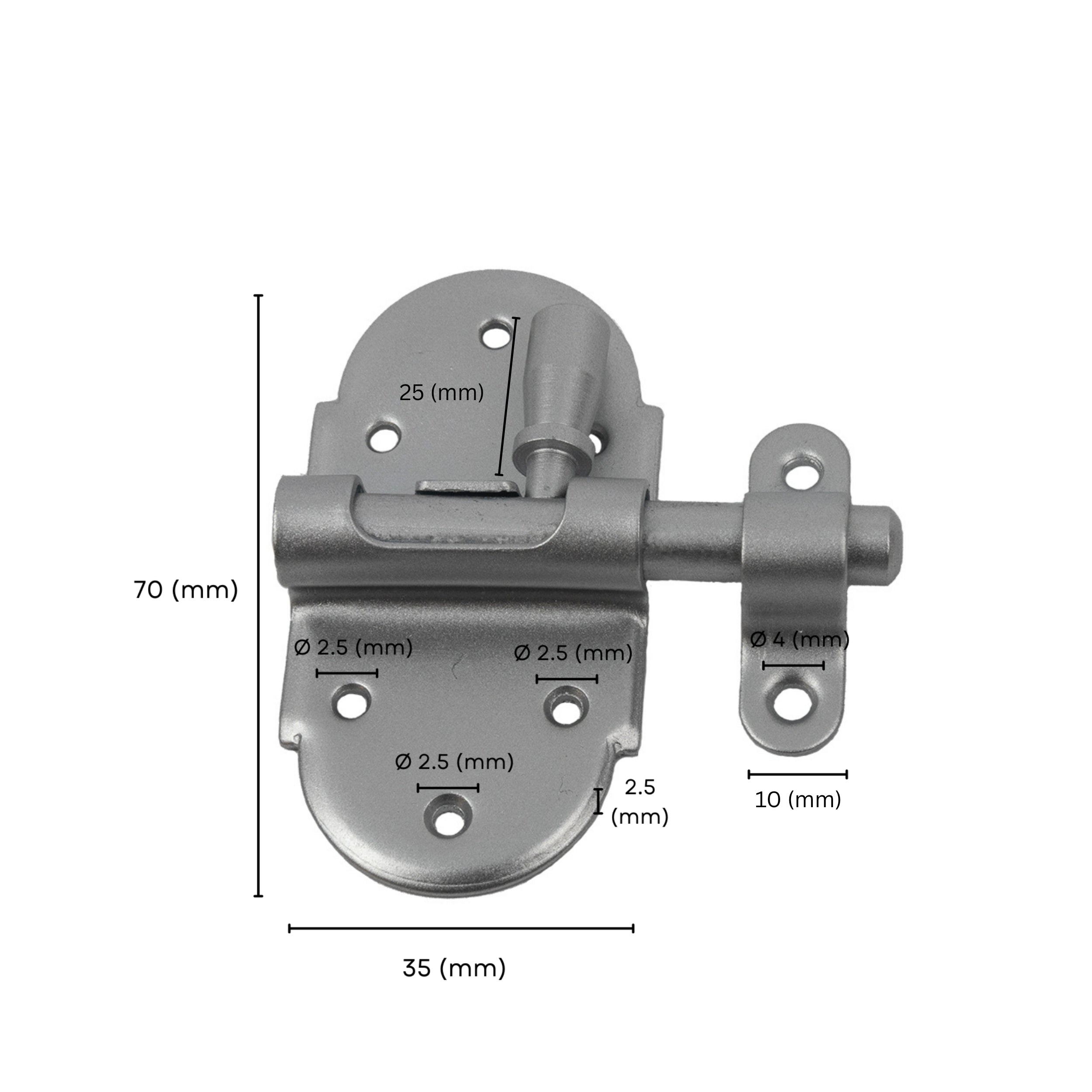 Grendel barrel bolt with spring labeled size dimensions.