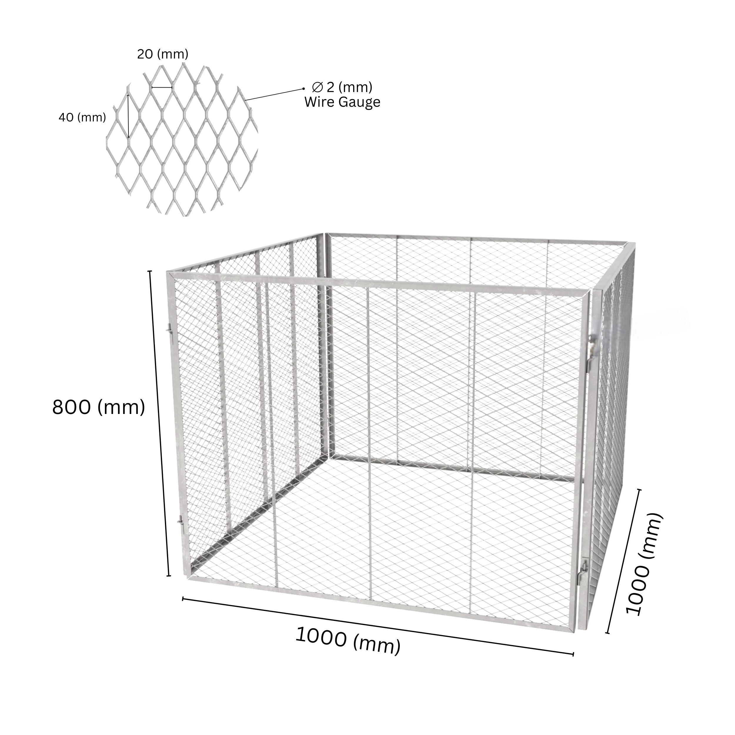 Square mesh composter with labeled dimensions.