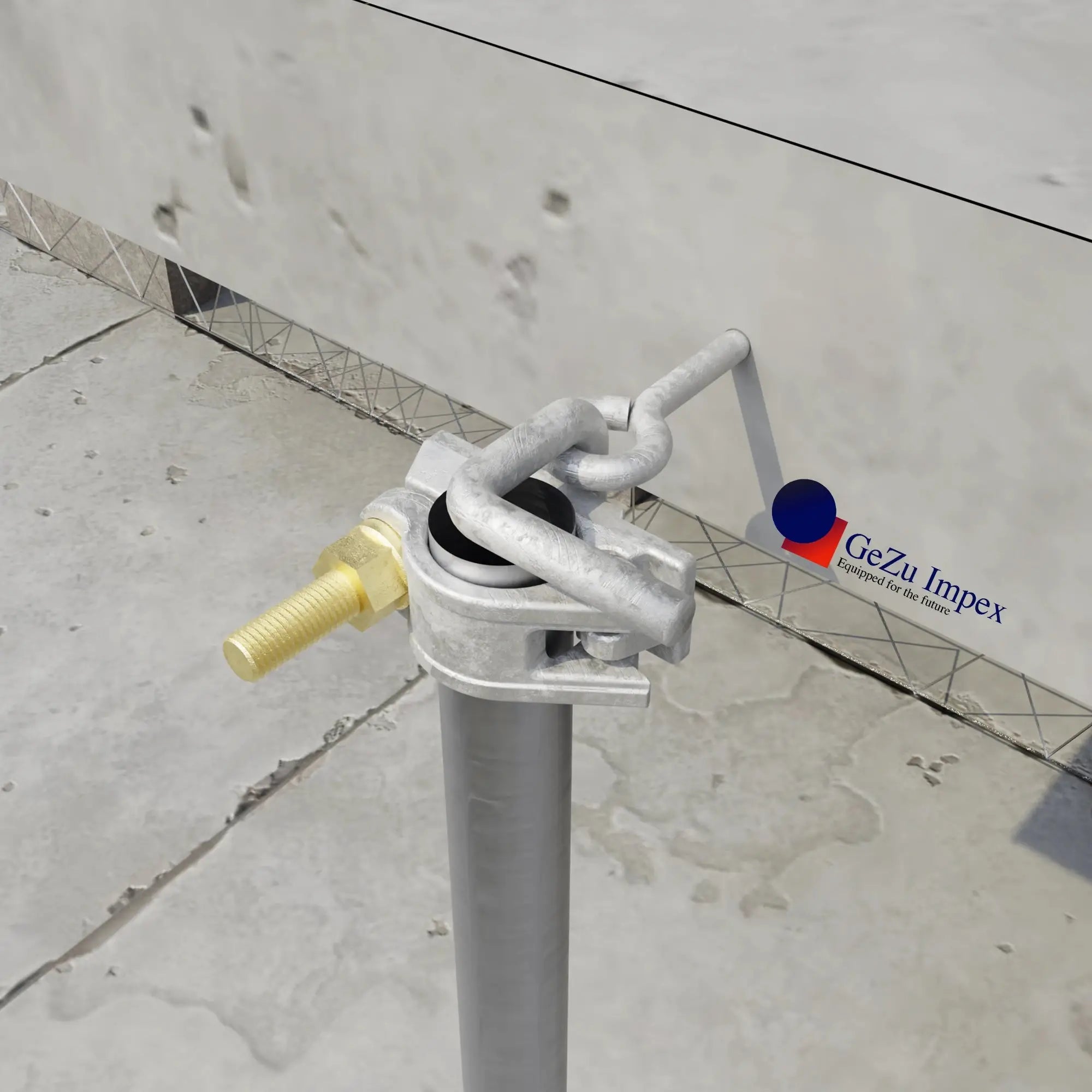 Scaffold tube attached using a scaffolding half coupler with eye bolt hook.