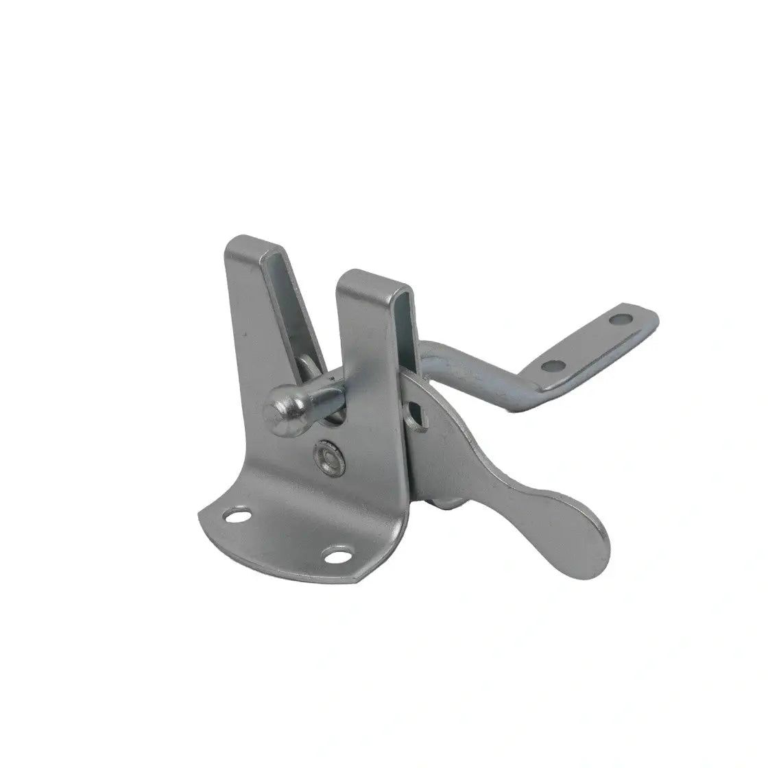 Galvanised auto gate latch catching a self-closing garden gate