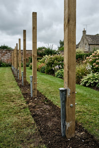 Drive-in fence post spikes anchoring a row of timber posts
