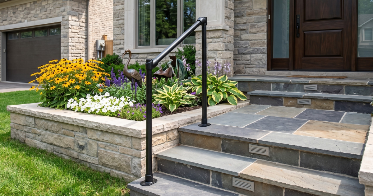 handrail is build with tube clamps.home entrance featuring slate steps, a black handrail, and vibrant flower beds.