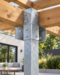 Pergola post connectors bolted to a square steel post carrying timber beams
