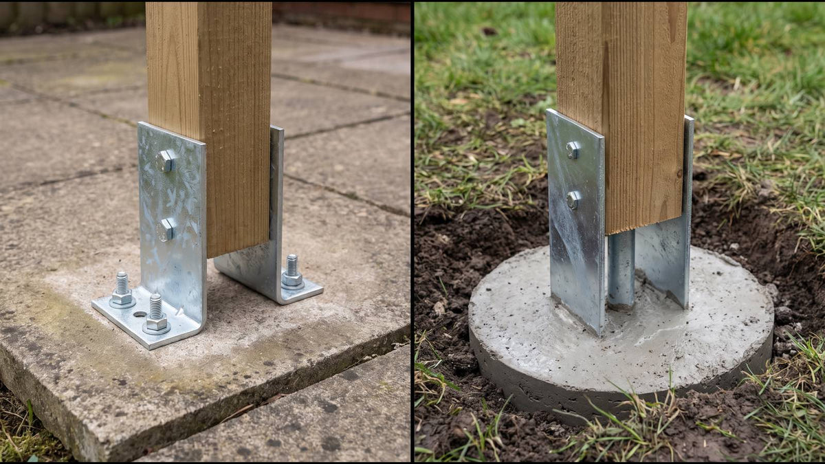 Bolt down vs concrete in post support: a timber post in a galvanised bracket bolted to a paving slab beside one set into a poured concrete footing