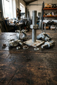 Galvanised scaffolding couplers and adjustable base screw jack on a workbench