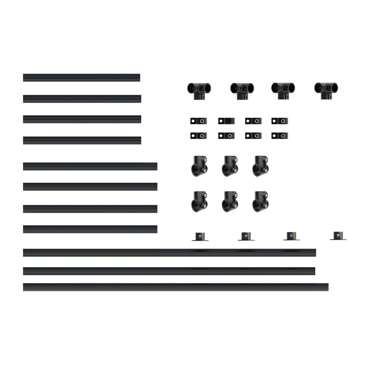 Pipe connectors joining 27 mm steel tube into a black modular workbench frame