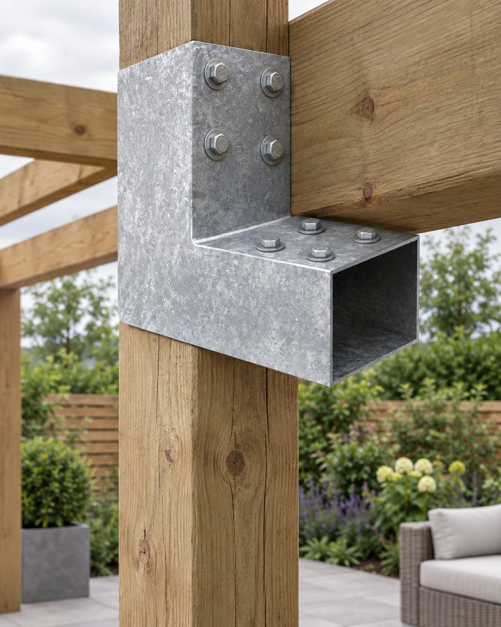 Hot-dip galvanised L-shape pergola connector bolted to a timber post and beam