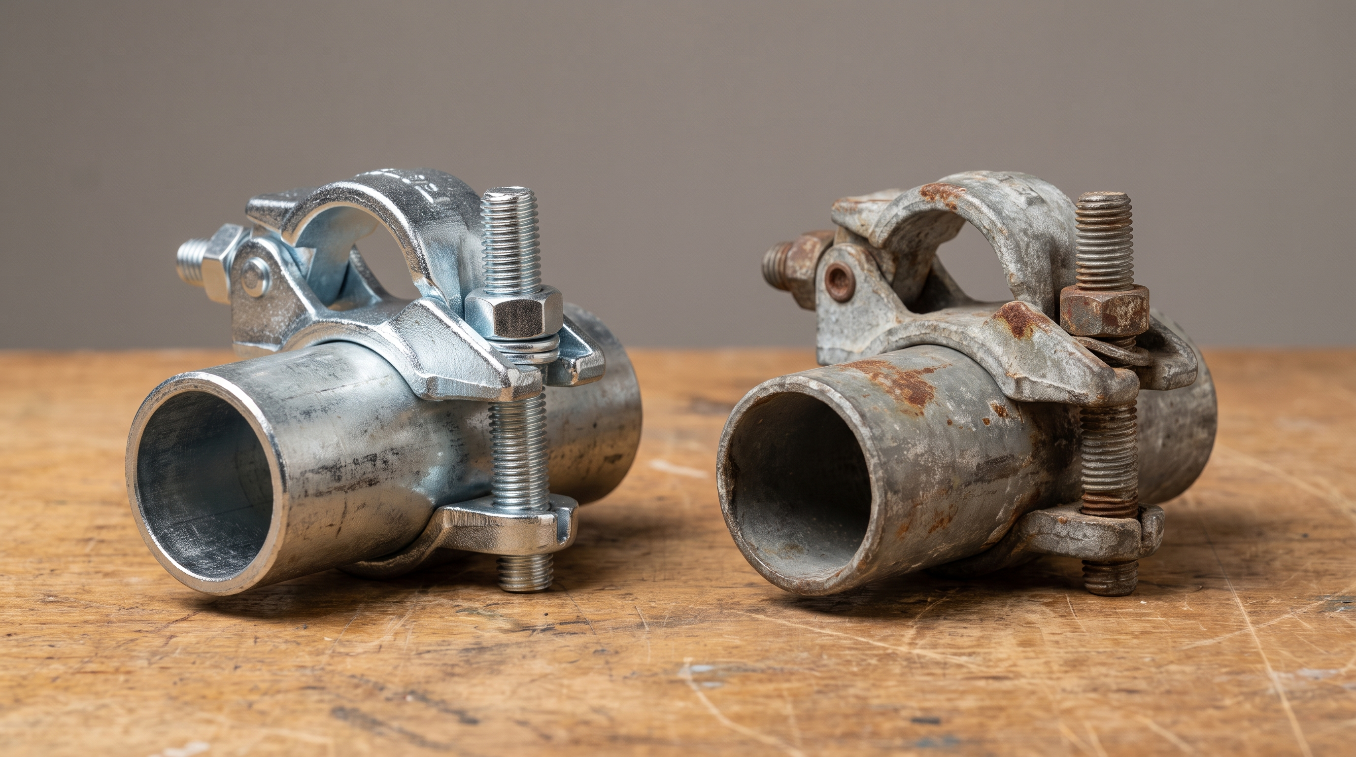 New bright galvanised scaffolding coupler beside a rusted used coupler, both clamped on 48.3 mm scaffold tube.