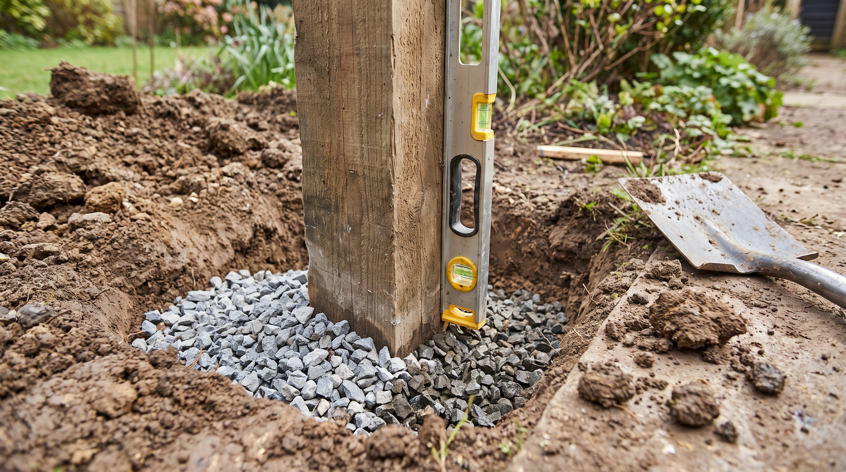 Wooden fence post set in a hole packed with grey gravel instead of concrete, checked with a spirit level.