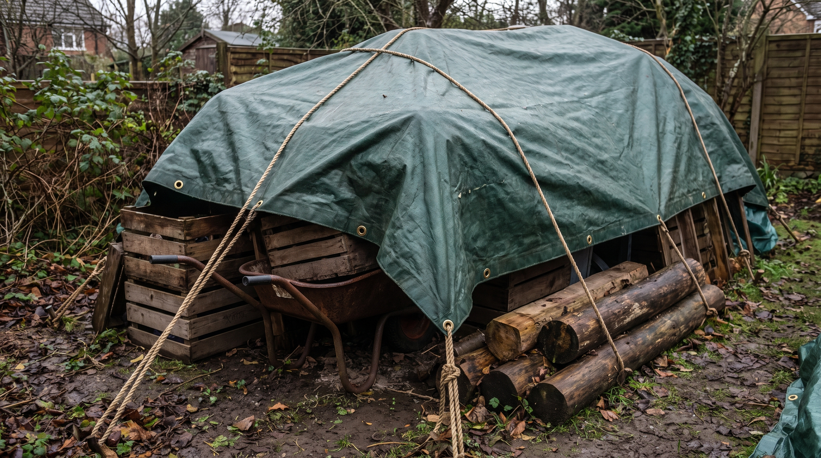 Green reinforced tarpaulin with brass eyelets roped over stacked logs and garden equipment as a shelter.