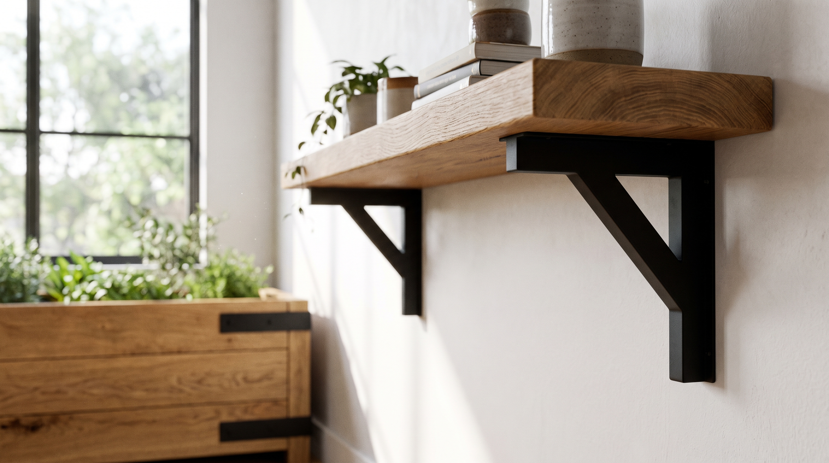 Oak wall shelf mounted on black steel angle brackets, with a timber planter box built using the same brackets behind.