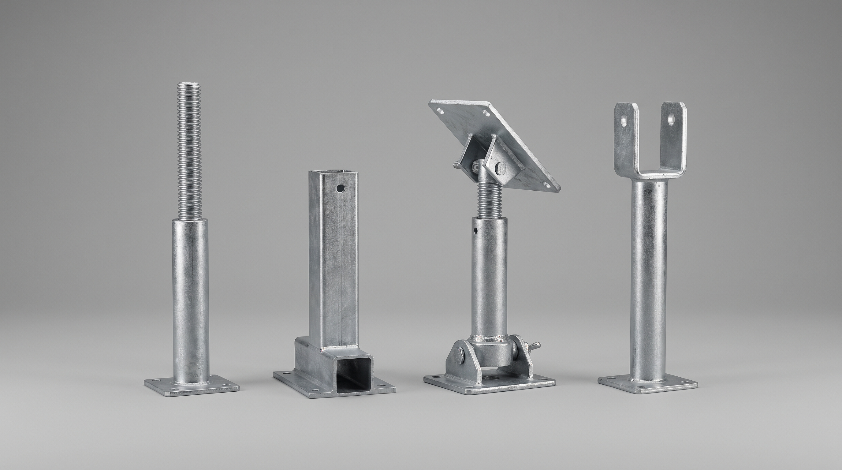 Four scaffold jack types in a row: solid screw jack, hollow base jack, swivel base jack and U-head jack.
