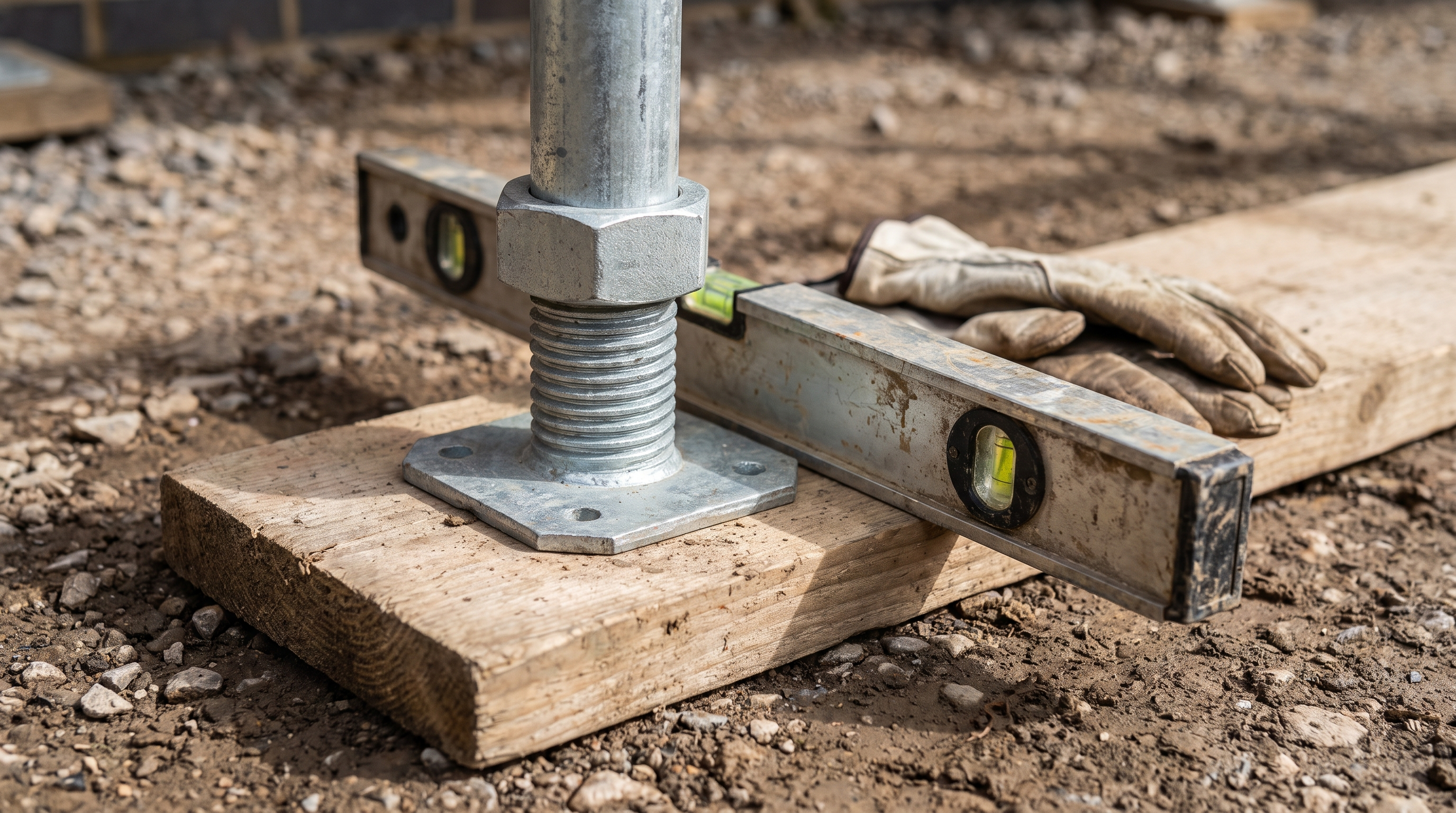 Galvanised scaffold base jack being levelled on a timber sole board on gravel, with a spirit level and work gloves.
