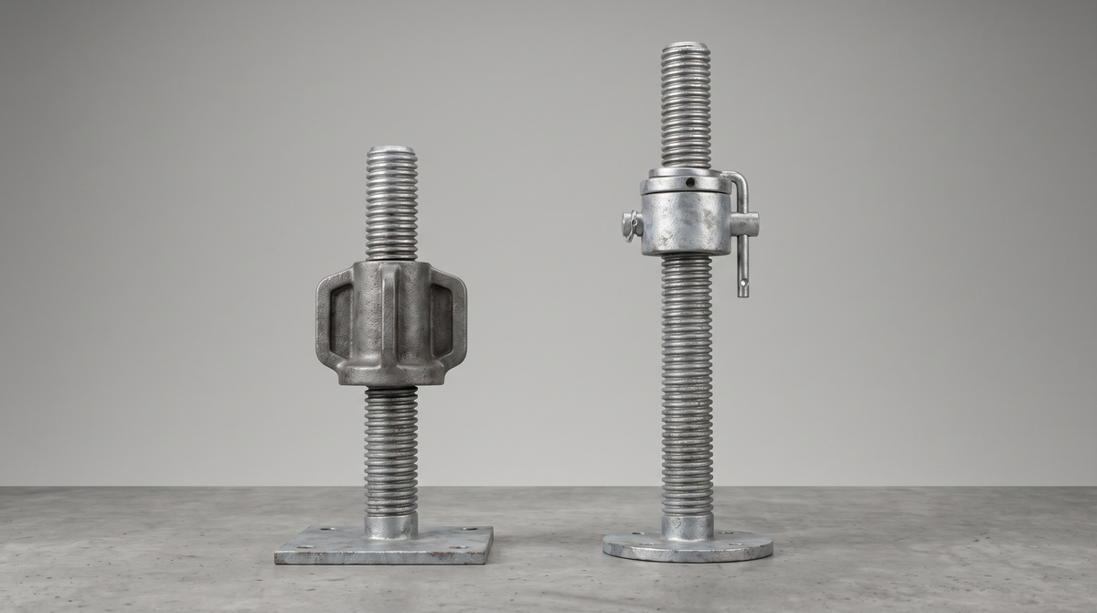 A short scaffold base jack with square base plate beside a taller shoring prop jack, shown side by side for comparison.