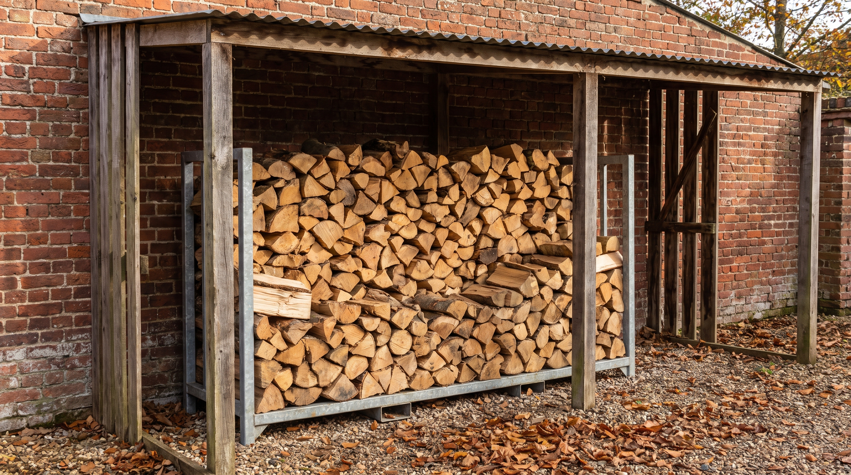 Split firewood stacked in a covered timber log store with a galvanised steel log rack against a brick wall.