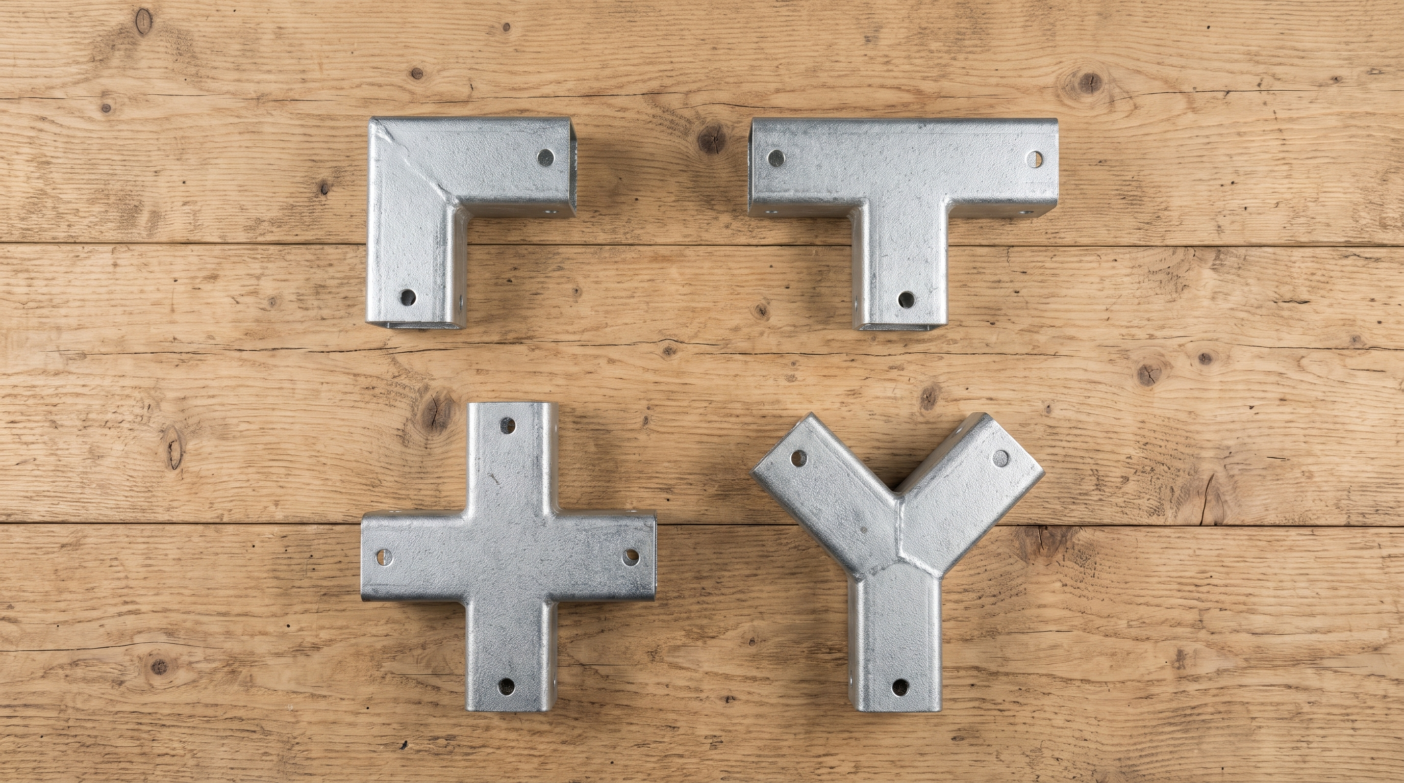 Galvanised steel pergola post connectors in L, T, X and Y shapes laid out on a timber surface.