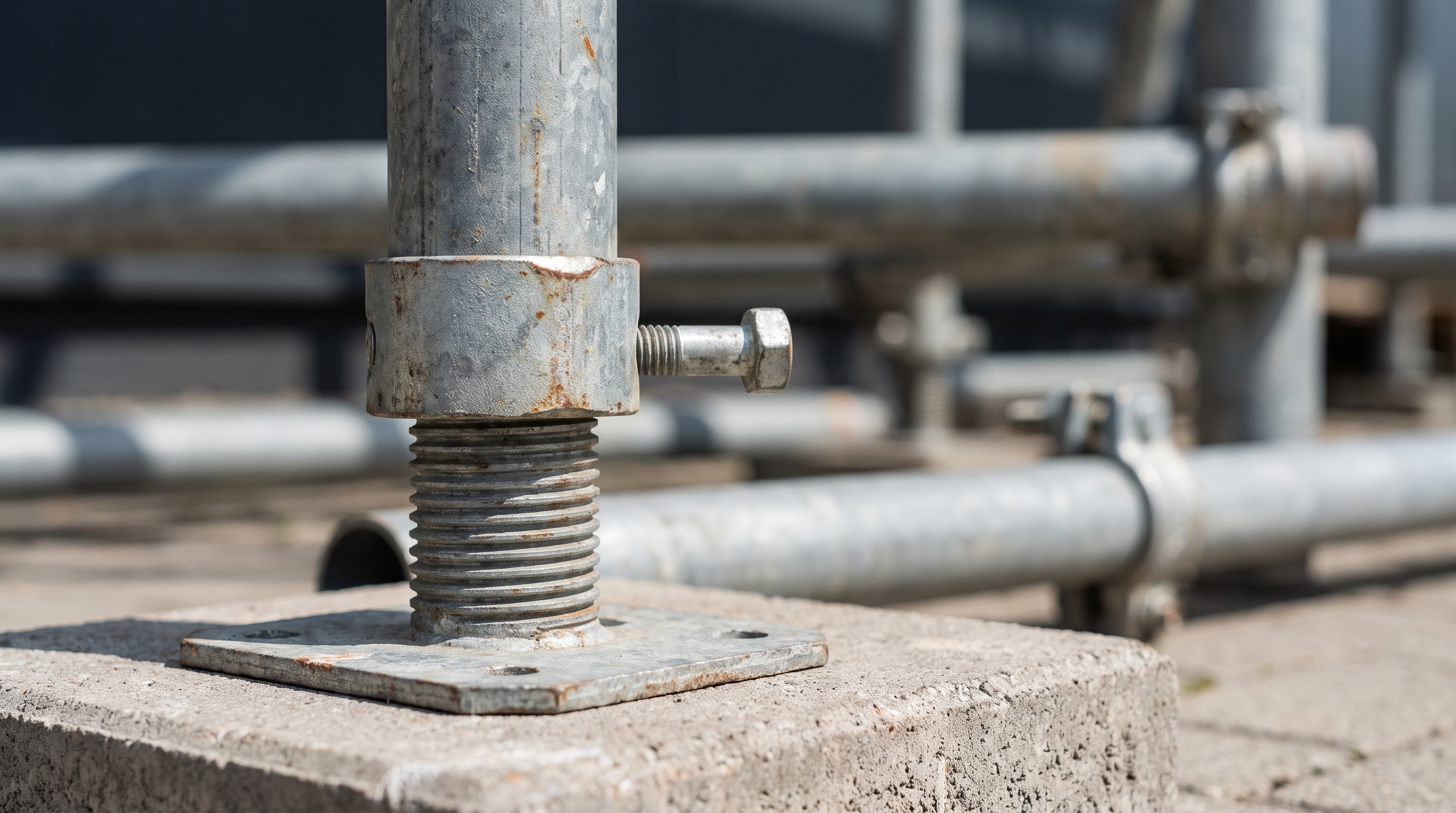 Galvanised adjustable base jack at the foot of a scaffold tower supporting a vertical standard tube on concrete.
