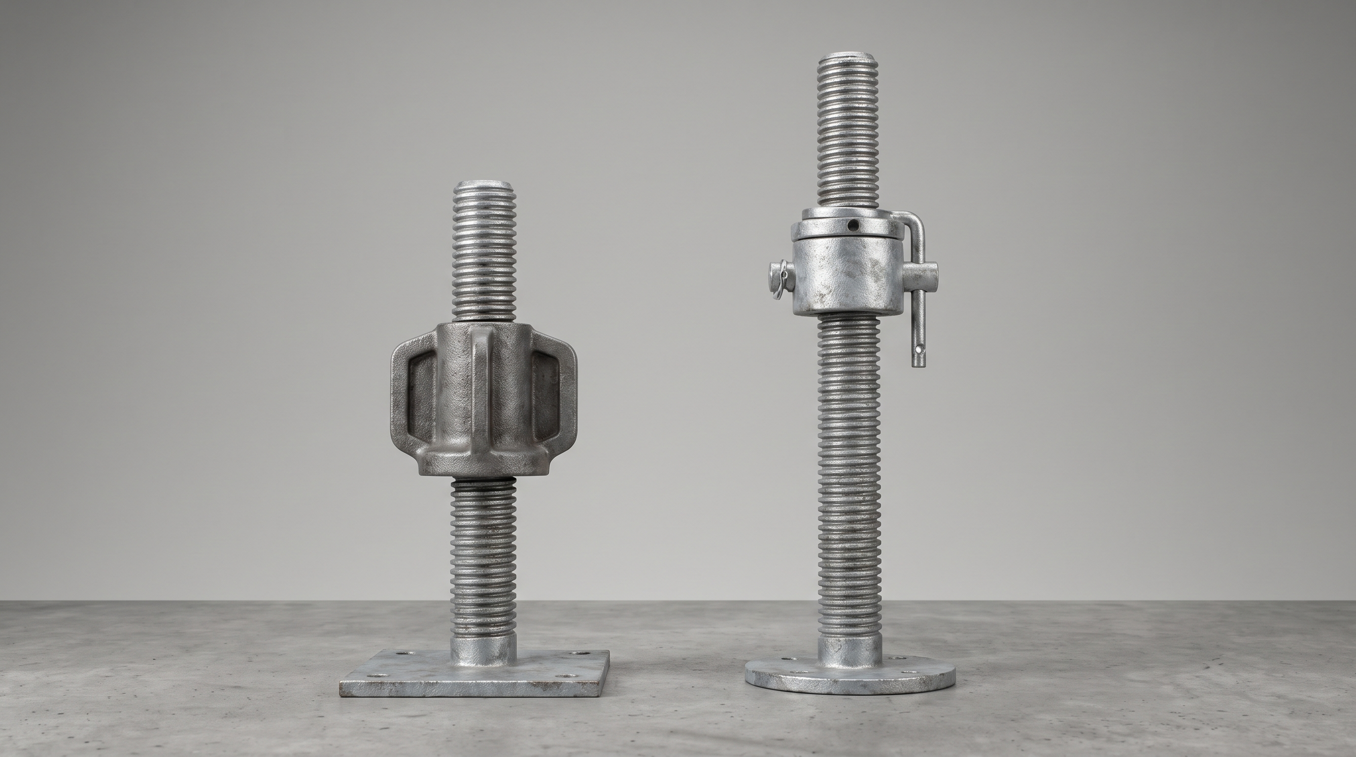 A short scaffold base jack with square base plate beside a taller shoring prop jack, shown side by side for comparison.