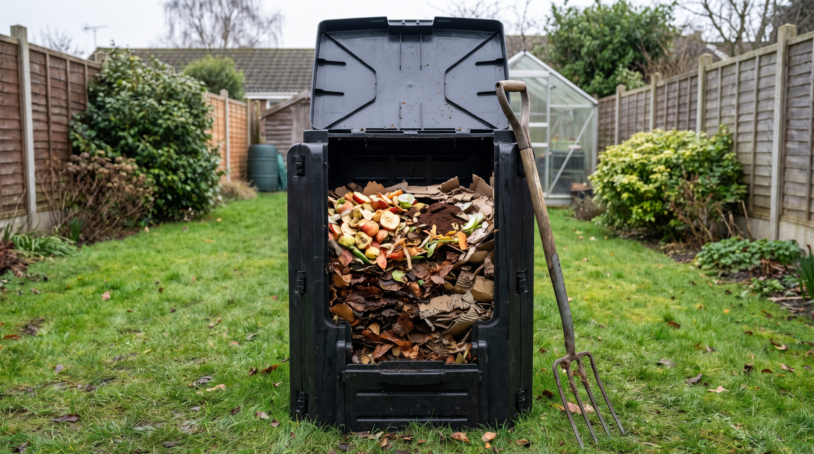 Black plastic garden composter open to show layered kitchen scraps and dry brown leaves, with a garden fork alongside.