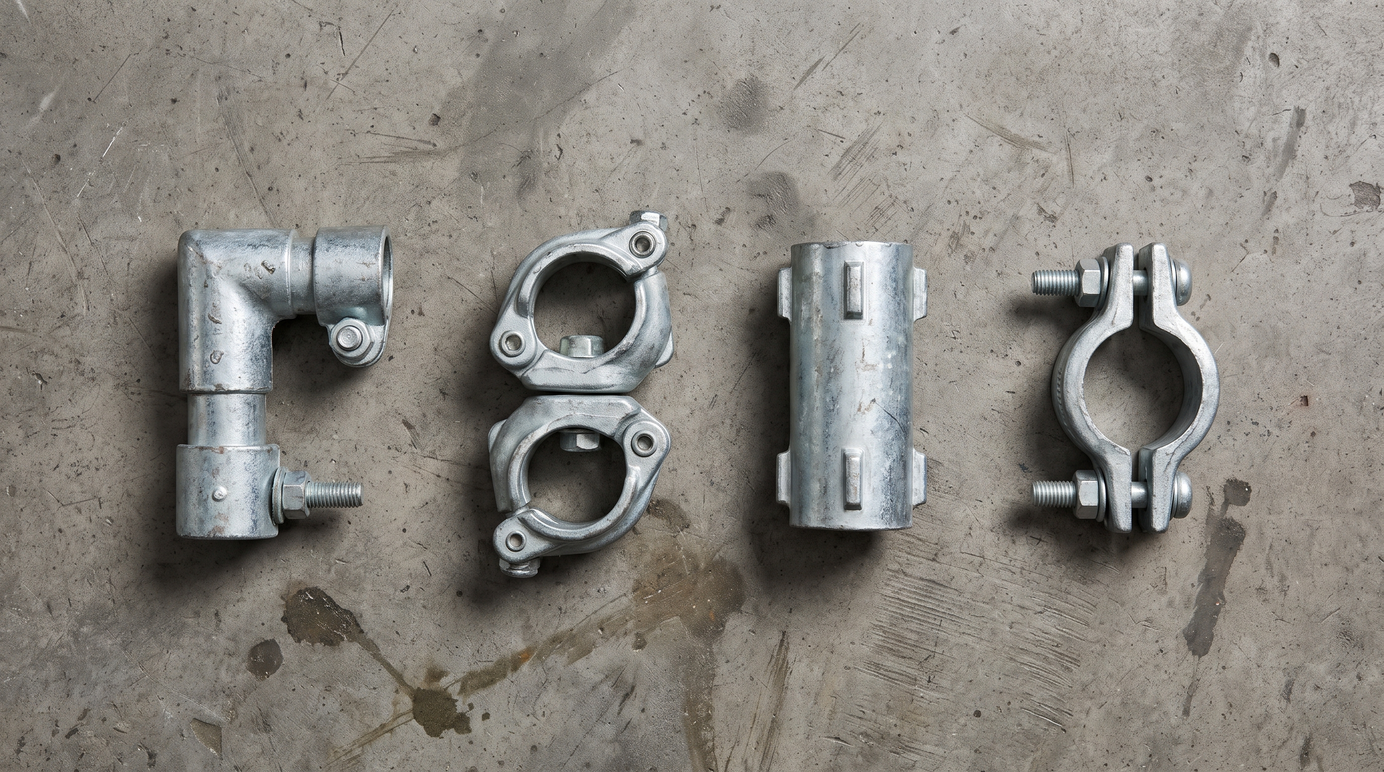 Four types of galvanised steel scaffolding coupler laid out in a row: right-angle, swivel, sleeve and putlog.