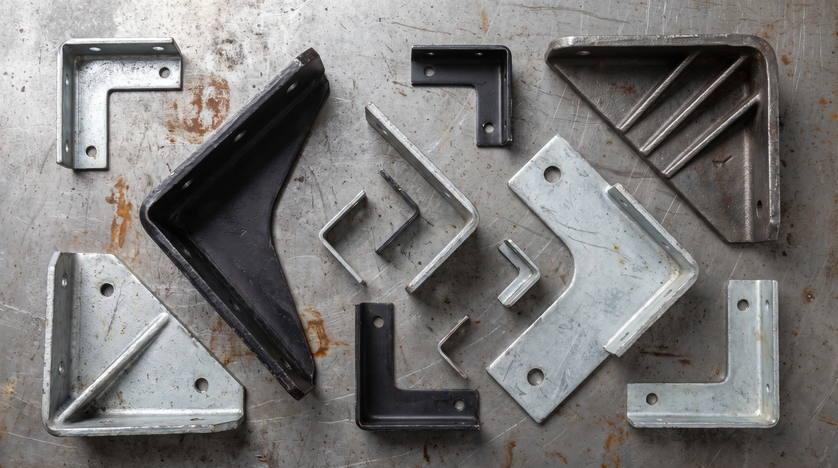 Assorted steel angle brackets in different sizes and shapes, including reinforced gusseted corner brackets.