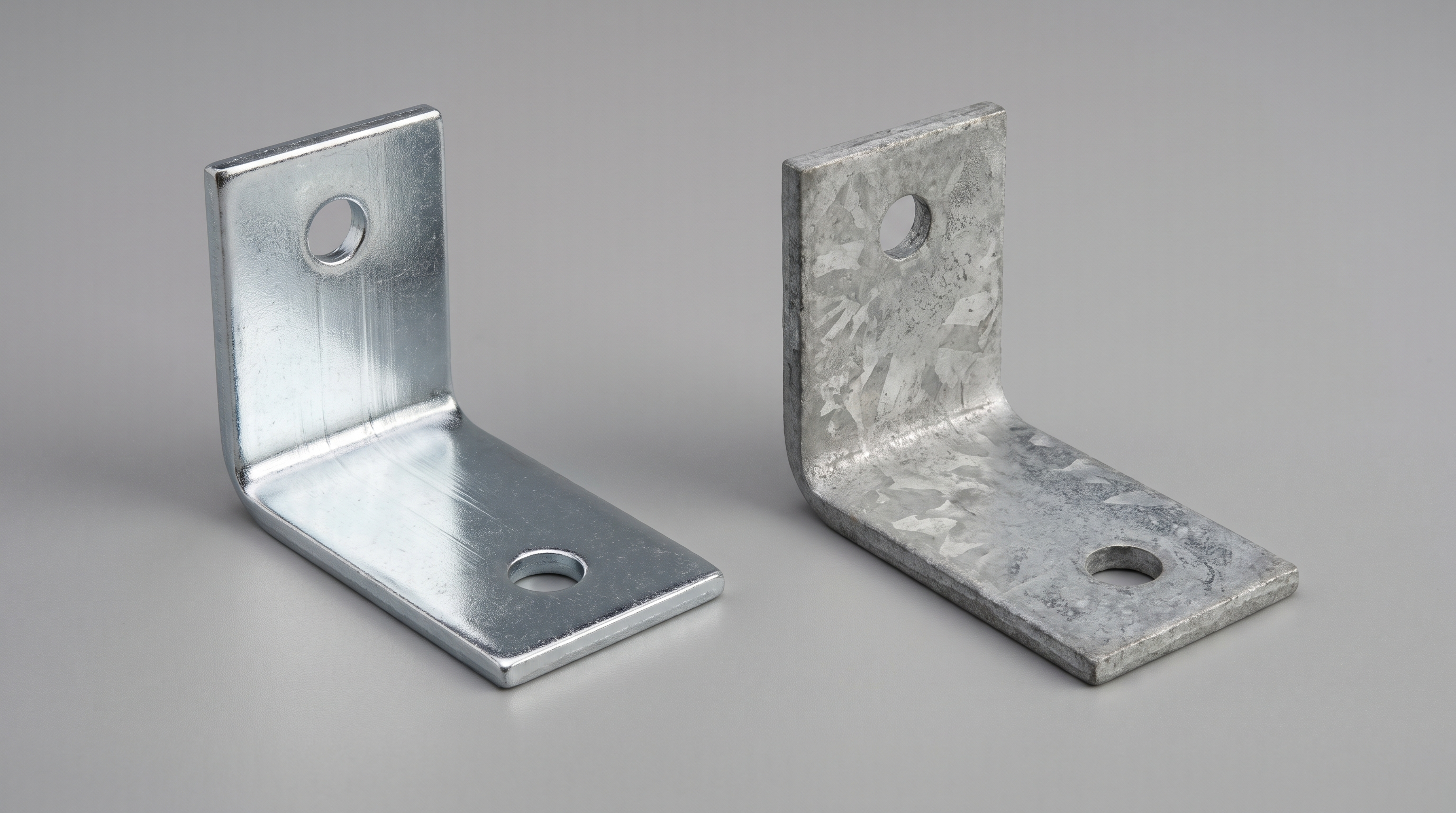 Bright smooth electro-galvanised steel bracket beside a thicker matte hot-dip galvanised bracket for comparison.