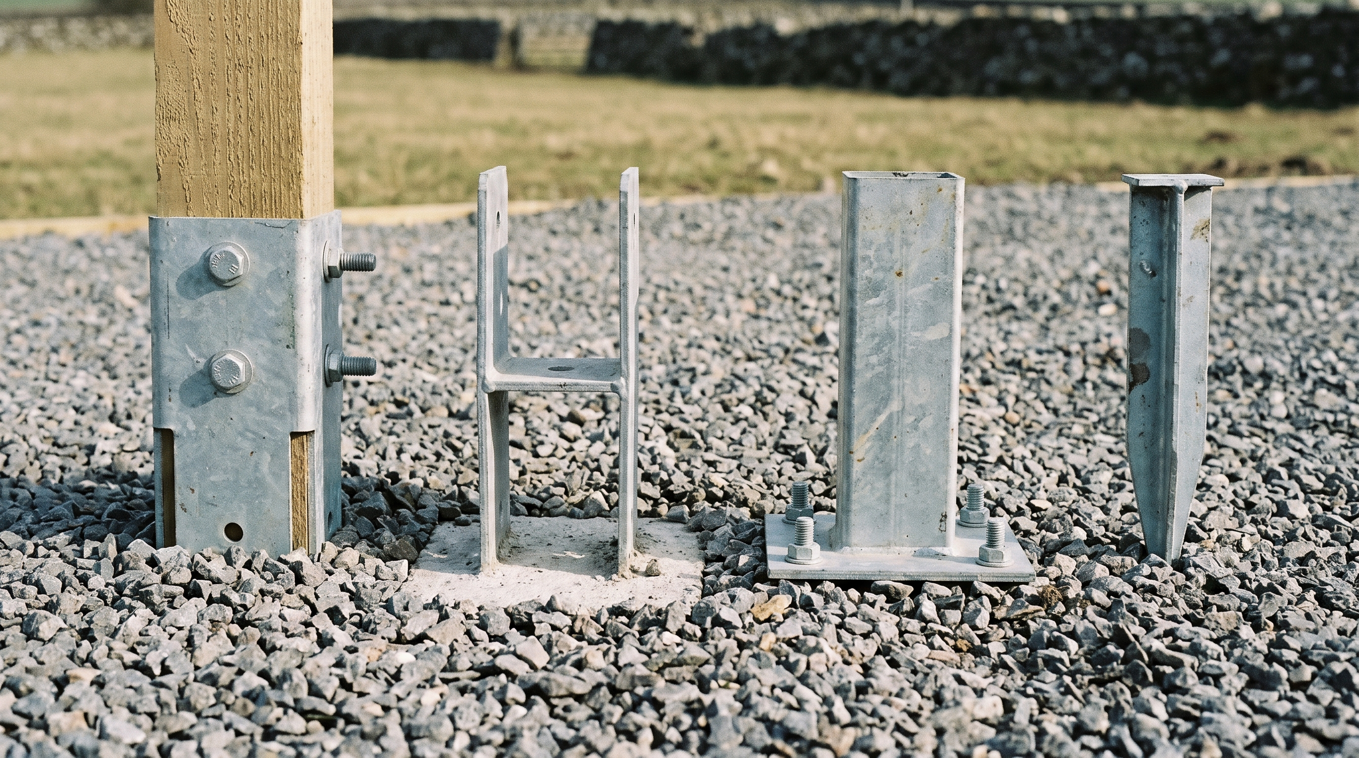 Galvanised post support types on gravel: U-bracket, H anchor, bolt-down post shoe and drive-in fence post spike.