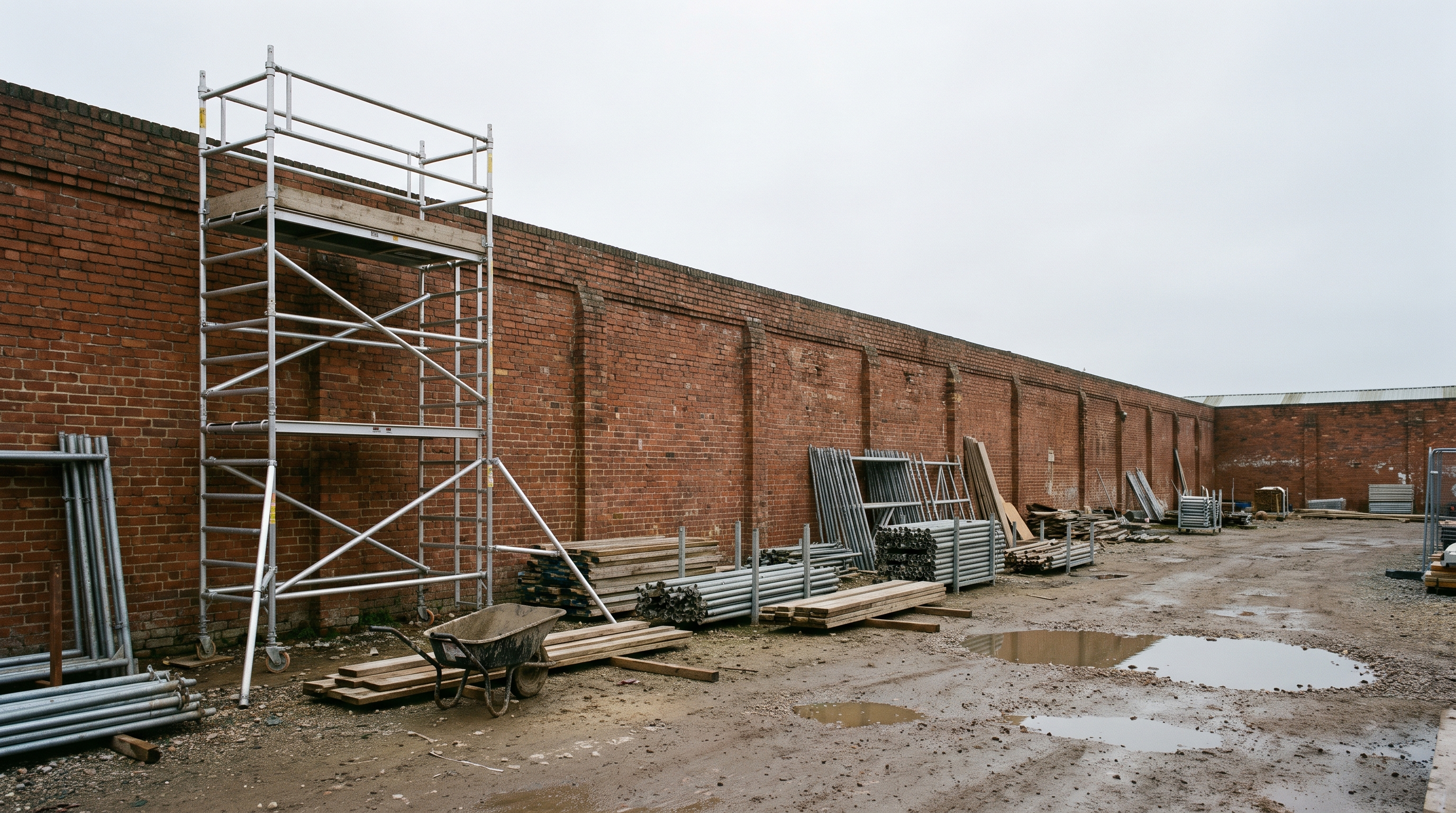 Mobile aluminium scaffold tower with outriggers in a builders yard, showing tower height relative to its base width.