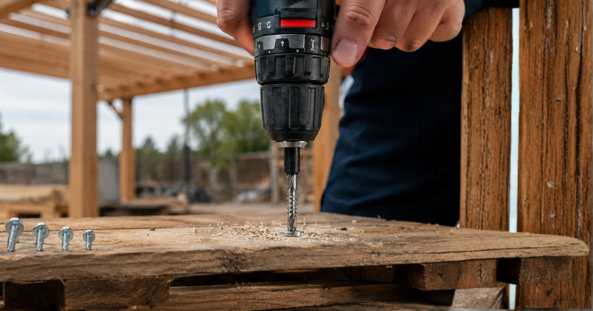 how to use self drilling screw: person uses a power drill to drive a self-tapping metal screw into a steel channel while various sizes of screws sit on a wooden surface.