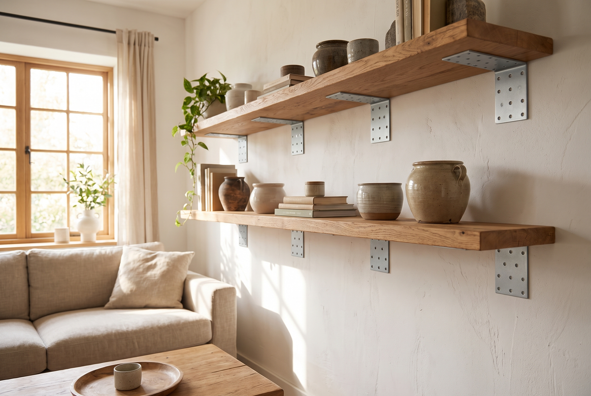 Floating oak wall shelves supported by galvanised perforated right-angle brackets