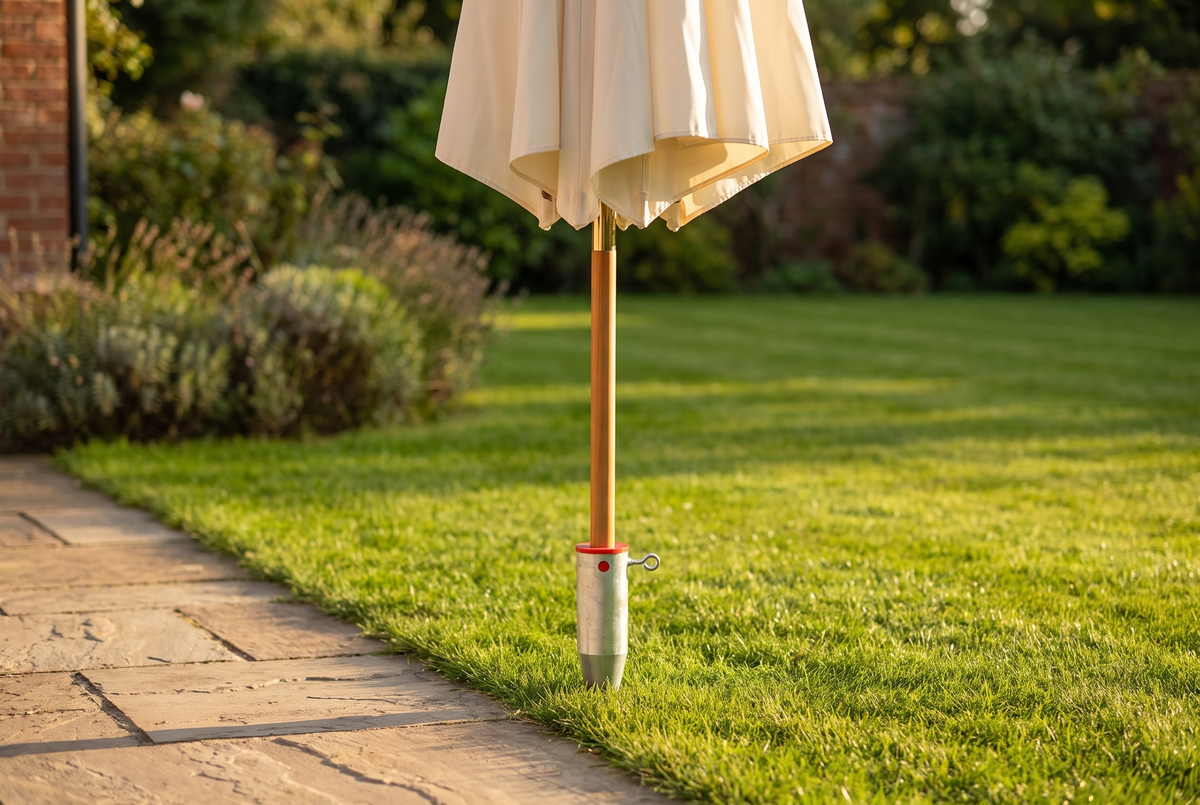 Garden parasol standing in a galvanised screw-in ground anchor on a lawn