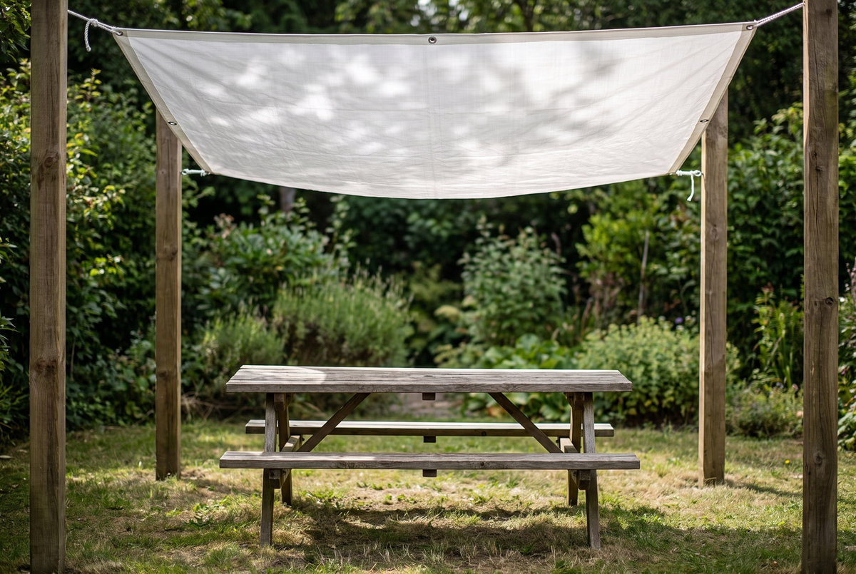 White tarpaulin stretched as a garden sun shade over a picnic table