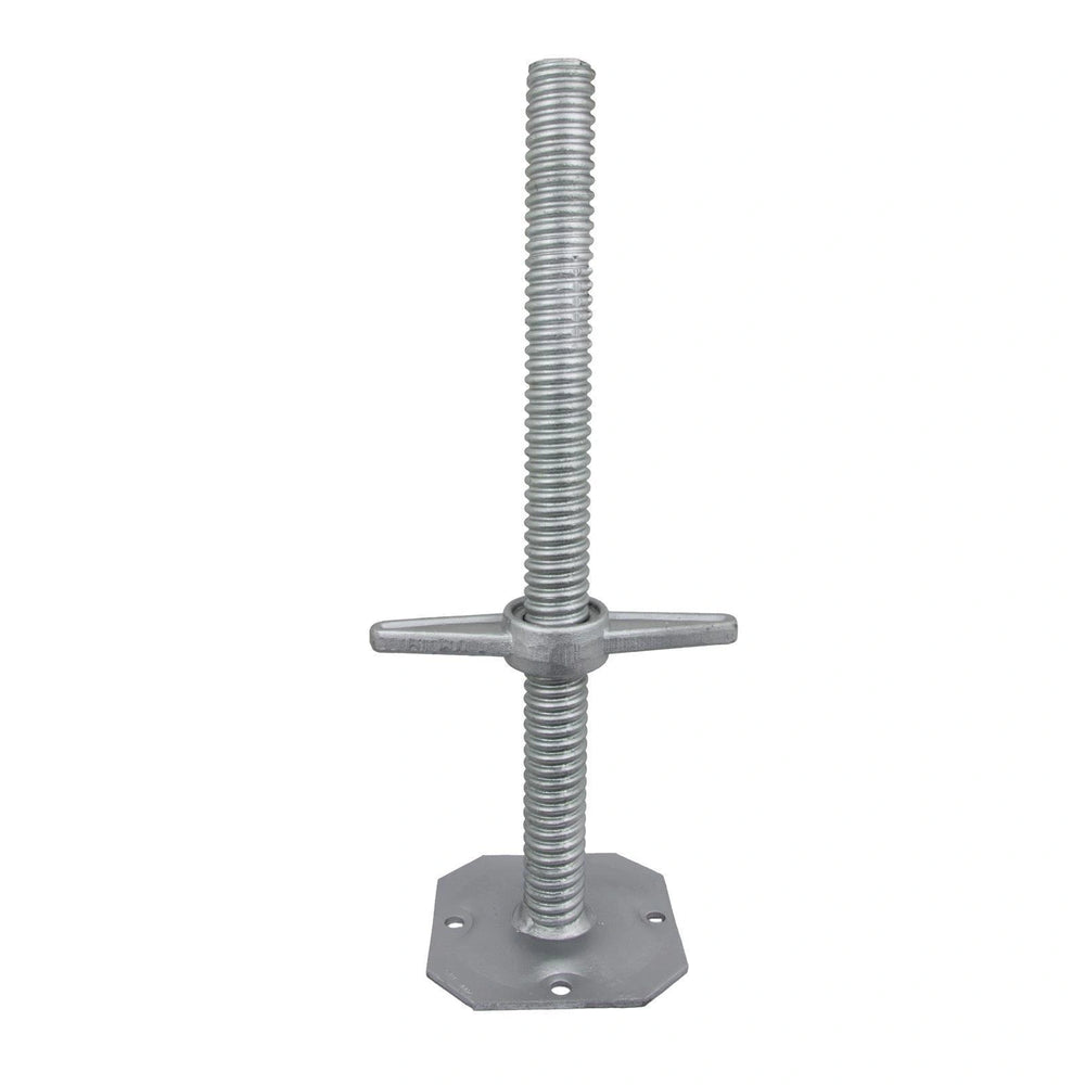 Adjustable scaffolding base jack with threaded rod, base plate and nut for leveling scaffold structures on uneven surfaces.