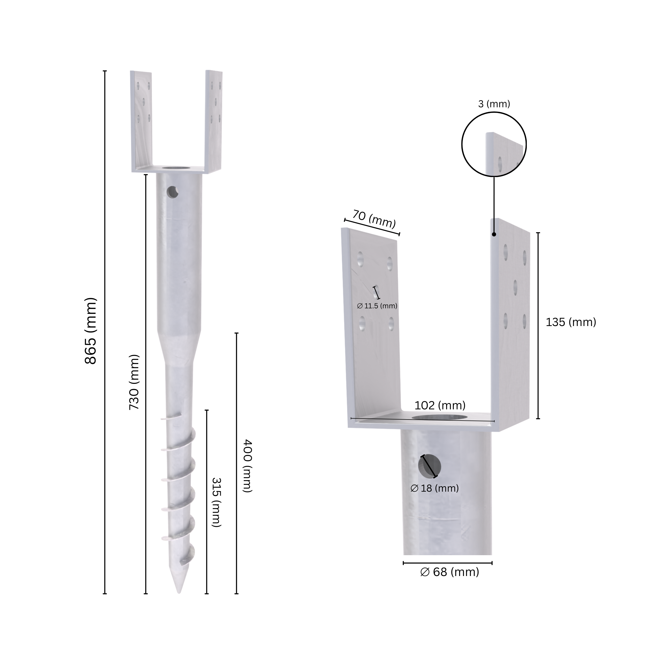 Ground screw U post support with labeled dimension.