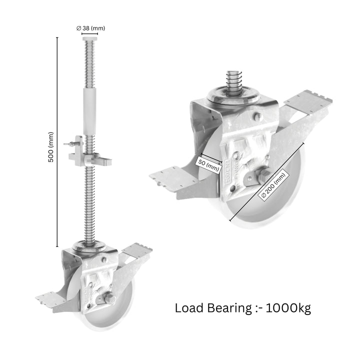 Adjustable scaffold casters with locking brakes showing labeled dimensions for height and wheel size.