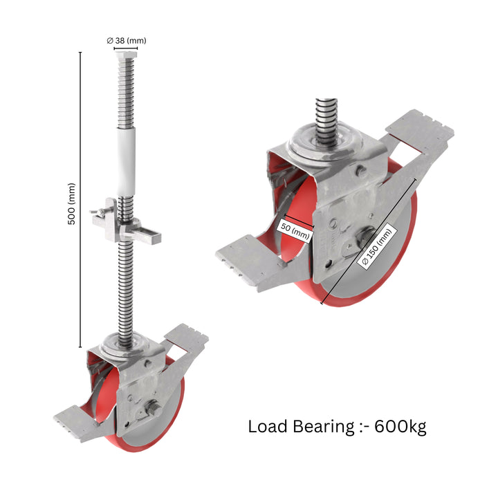 Adjustable scaffold casters with locking brakes showing labeled dimensions for height and wheel size.