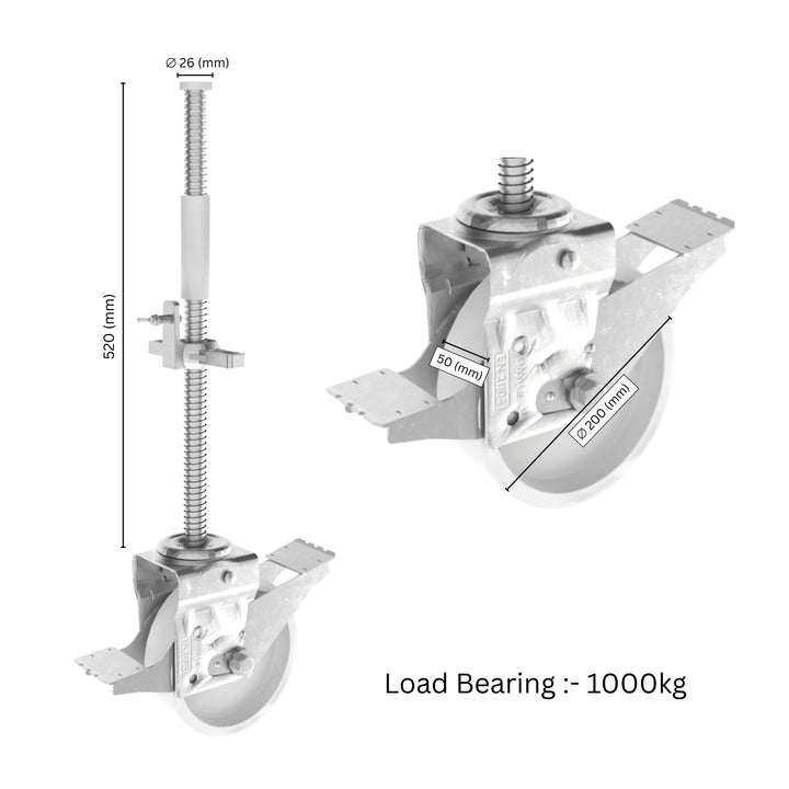 Adjustable scaffold casters with locking brakes showing labeled dimensions for height and wheel size.