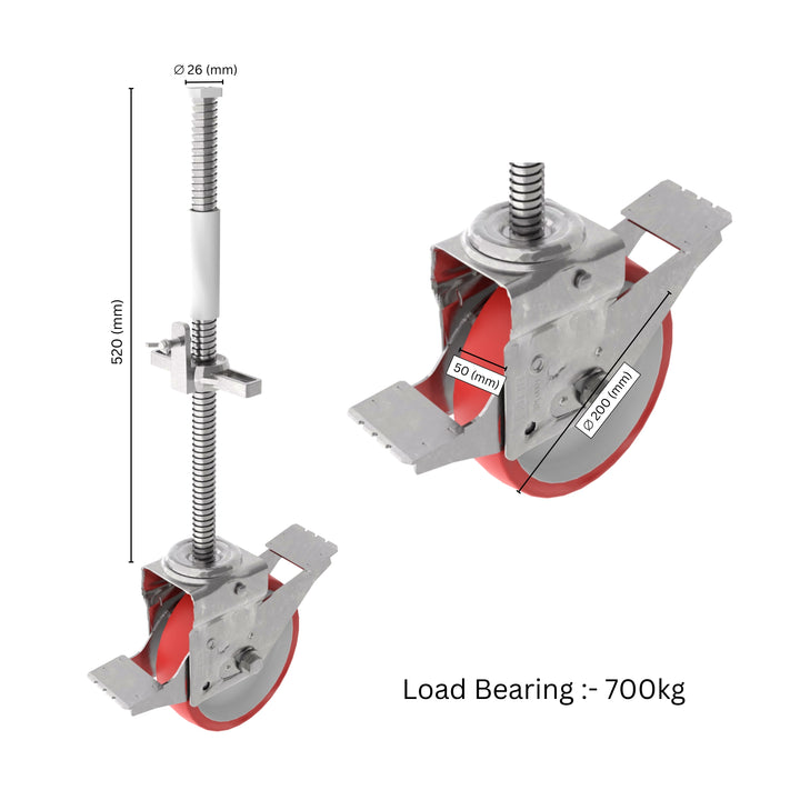 Adjustable scaffold casters with locking brakes showing labeled dimensions for height and wheel size.