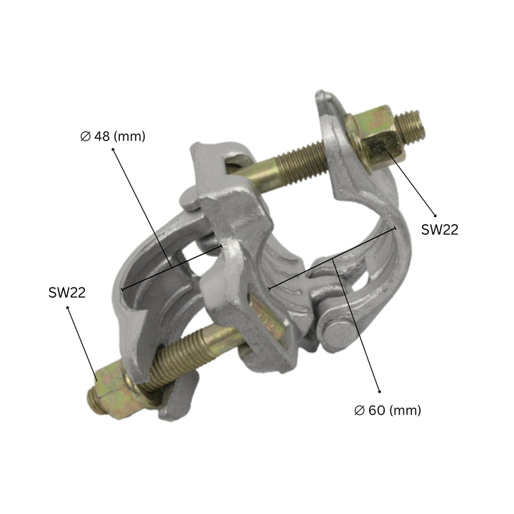 Right angle scaffold coupler clamp with labeled size dimensions.
