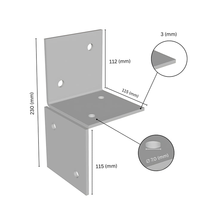 Wall pergola bracket with labeled size dimensions.