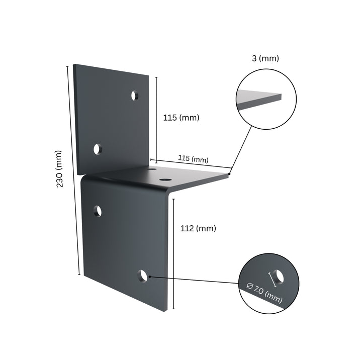 Wall pergola bracket with labeled size dimensions.