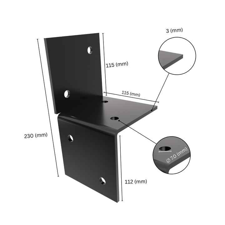 Wall pergola bracket with labeled size dimensions.